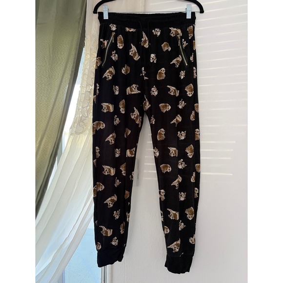 Indero Pants - Pug Joggers Womens L/XL Black Bulldog Puppy Print Dog Lover Lounge Pants